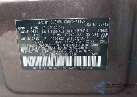 2019 Subaru Outback 2.5I Premium из США, поврежденный, VIN 4S4BSAHCXK3314016